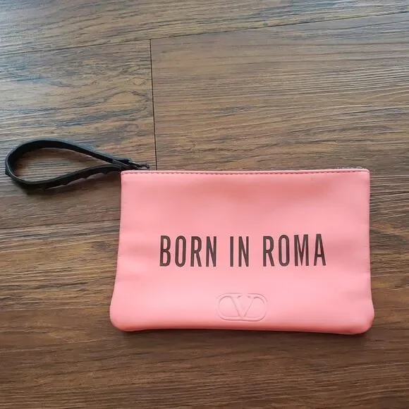 Valentino Coral Pink Black Trim Chic Feminine Lux Wristlet Clutch Pochette 7x4.5
