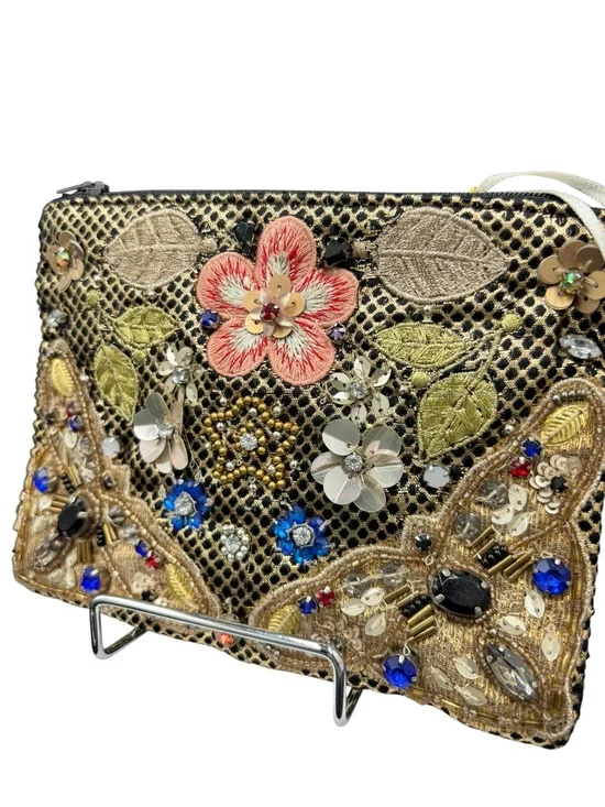 2 Chic NWT Embellished Floral Beaded Sequin Clutch Pouch Black Gold