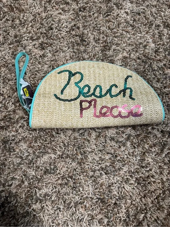 Sequin Straw 'Beach Please' Clutch/wristlet with Teal Trim and Pink Accent-NWT
