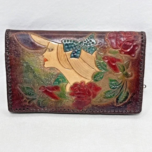 VTG Brown Leather Elle‎ Clutch Wallet Embossed Woman Rose Floral Stitched Boho