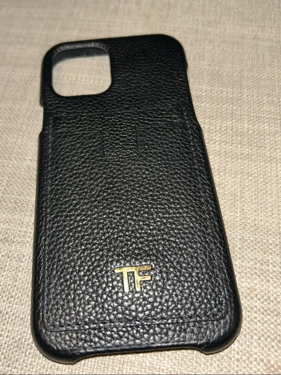 Tom Ford Black Pebbled Leather Card Pocket iPhone Case with Gold TF Logo