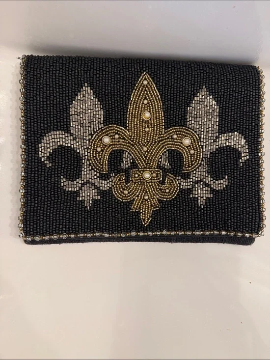 Mary Frances Beautiful Black Beaded Fleur-de-Lis Crossbody Bag