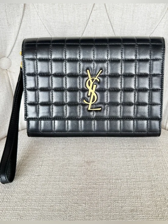 ✨ AUTH Saint Laurent Carré Quilted Cassandre Pouch/Clutch in Black Lambskin ✨