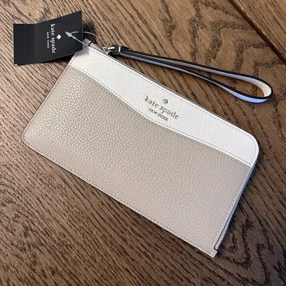 NWT! Kate Spade Lucy Medium L-Zip Wristlet -Beige White Multi