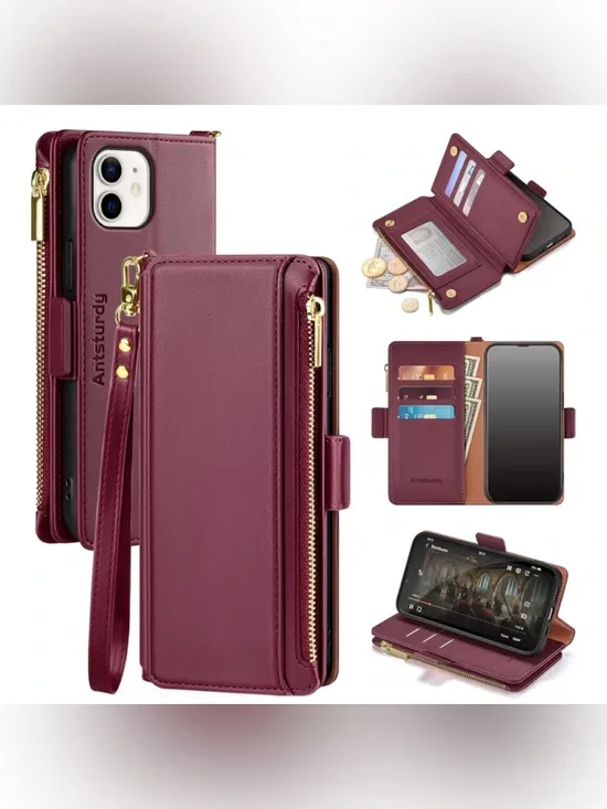 Antsturdy iPhone 12/12 Pro Wallet Case RFID Wristlet Wine Red