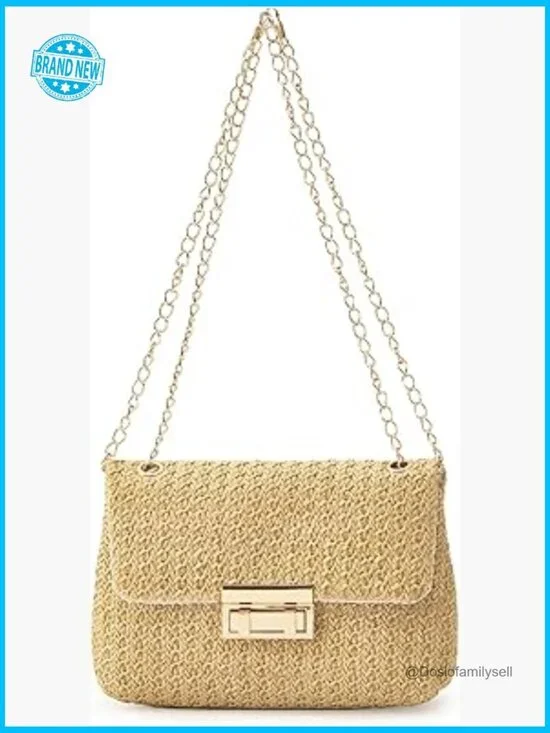 Woven Straw Summer Clutch Purse with Gold Chain and Turn-Lock Flap