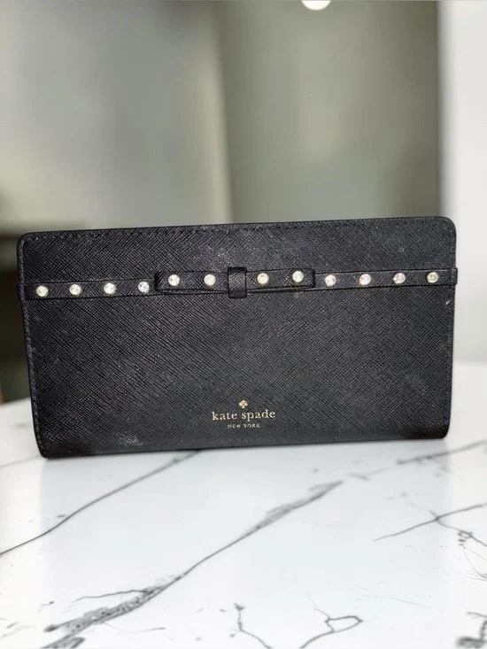 kate spade Black Saffiano Leather wallet with gem -Stud Bow Trim
