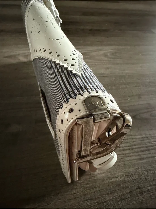 White and Gray Textured Clutch with Decorative Buckle