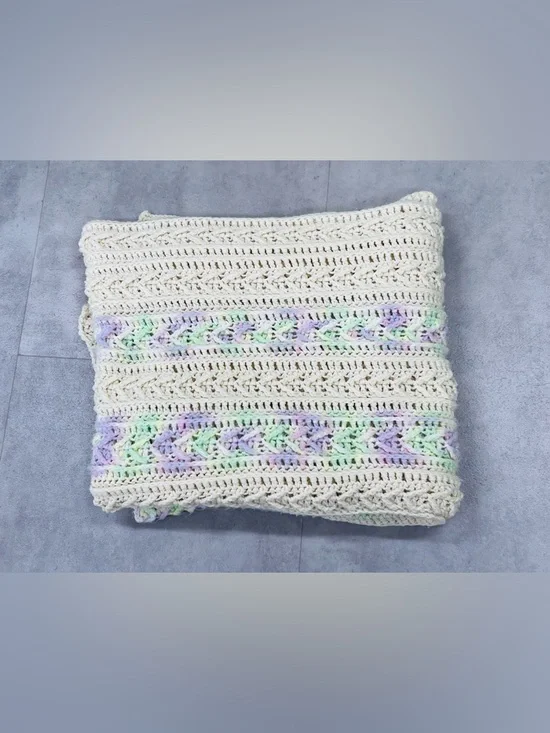 Vintage Handmade‎ Crochet Afghan Blanket 80X34 Granny Square Throw White Purple