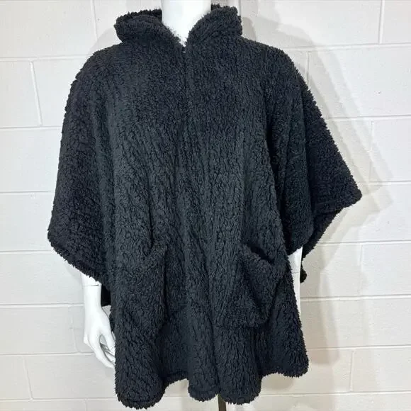 Warm & Cozy Faux Sherpa Hooded Poncho Black Oversized Wearable Blanket
