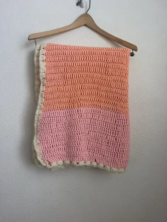 Handmade Pink~Peach~Ivory Crochet Knit Baby Blanket Quilt 64”x33”