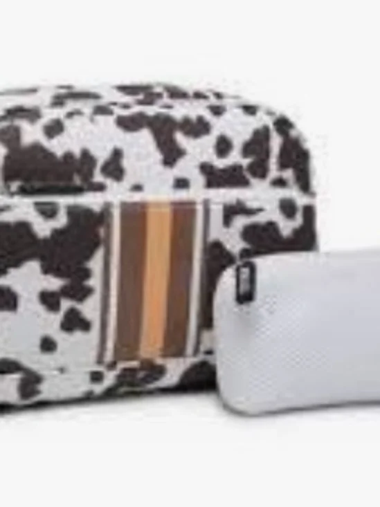 Jen & Co Cow Print Makeup Bag with Removable Pouch - White & Brown