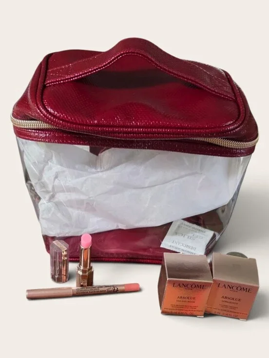Lancome Red Clear Cosmetic Travel Bag, Lipstick, Liner, Eye Cream, Face Cream