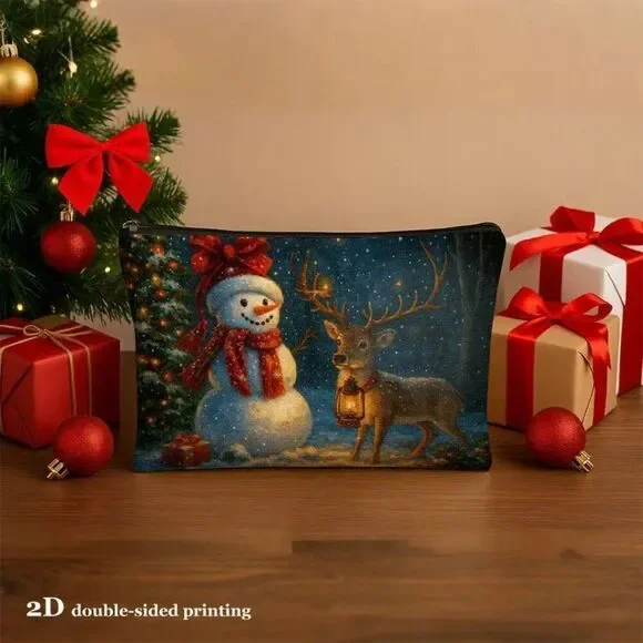 Christmas Winter Snowman and Reindeer Travel Makeup Bag Double Sided Printed