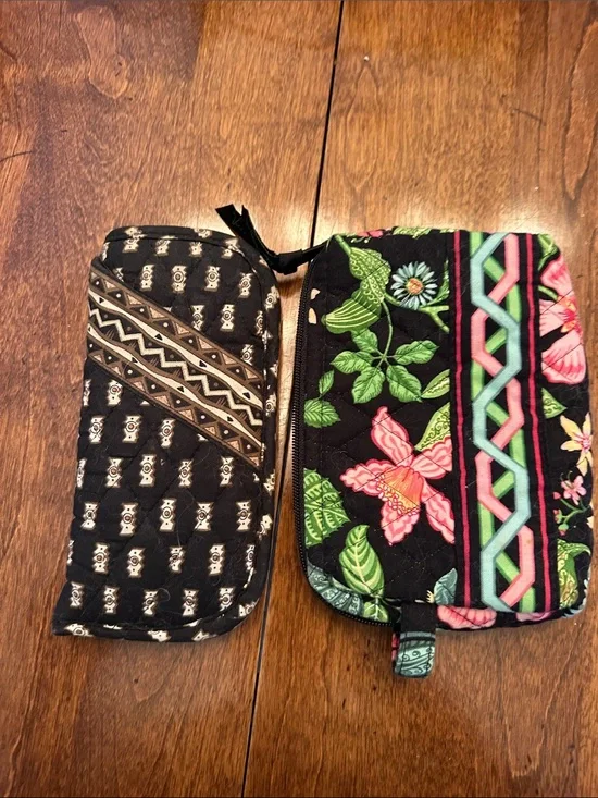 Vera Bradley Black Floral Quilted Wristlet with Pink & Green Accents
