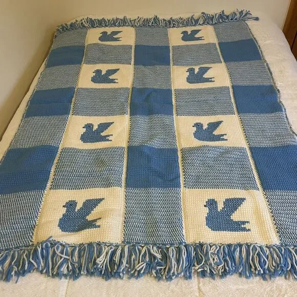 Handmade Crocheted Granny Square Bird Afghan Throw Lap Blanket Blue Cream 46x64”