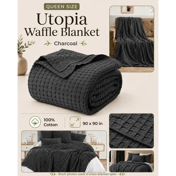 Utopia Waffle Blanket Queen Charcoal 100% Cotton Breathable Lightweight New