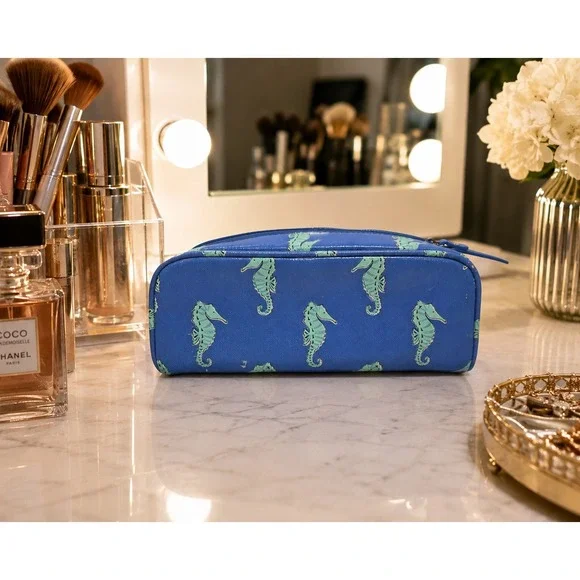 Kate Spade Cosmetic Bag Blue Seahorse Print Saffiano Travel Pouch *see pics