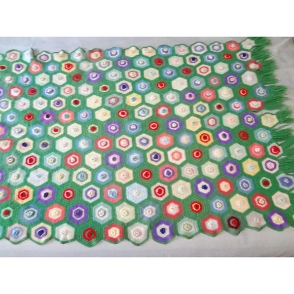 Handmade Crochet Afghan Blanket Green Good Hexagon Popcorn Fringe