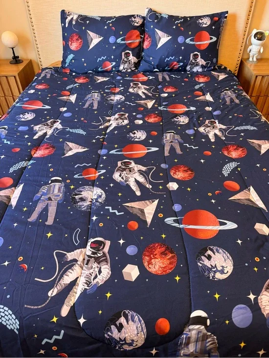 Space-Themed Navy Comforter Set with 2 Pillow Cases Astronaut Print
