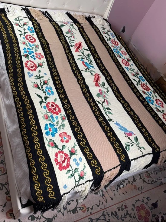 Vtg Hand Embroidered Cross Stitch Bedspread Blanket Floral Bird Cottagecore