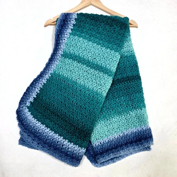 Crochet Boho Decor Blanket Blue Nursery Teal Ombre Gradient Stripe Throw Afghan
