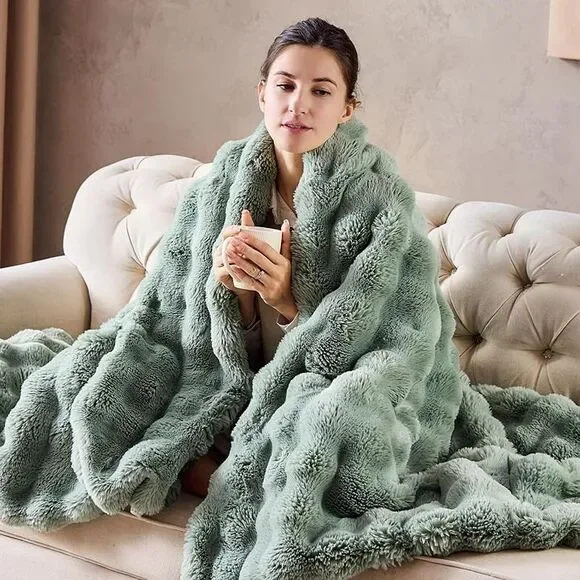 Cozy Faux Rabbit Fur Bubble Blanket Throw Size,Green,50