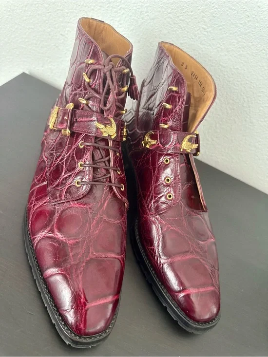 Mauri Luxury Combat Dress Ankle Boots Exotic Leather Genuine Alligator Burgundy