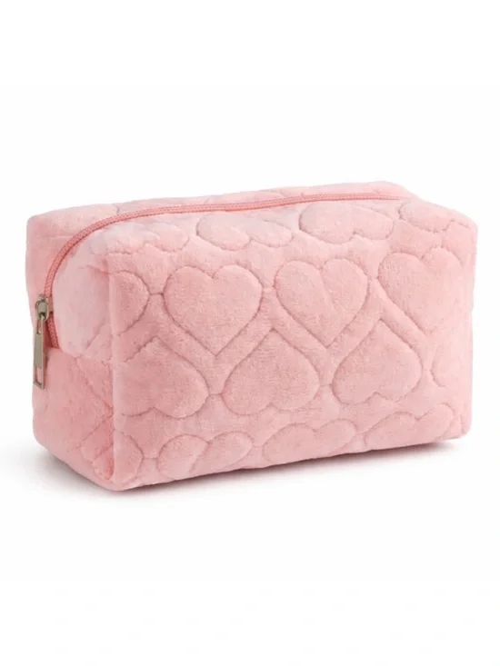 Pink Fuzzy Heart Quilted Makeup Bag Cosmetic Travel Pouch