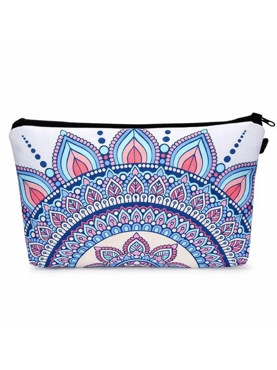 Blue Pink Mandala Makeup Bag Boho Cosmetic Travel Pouch