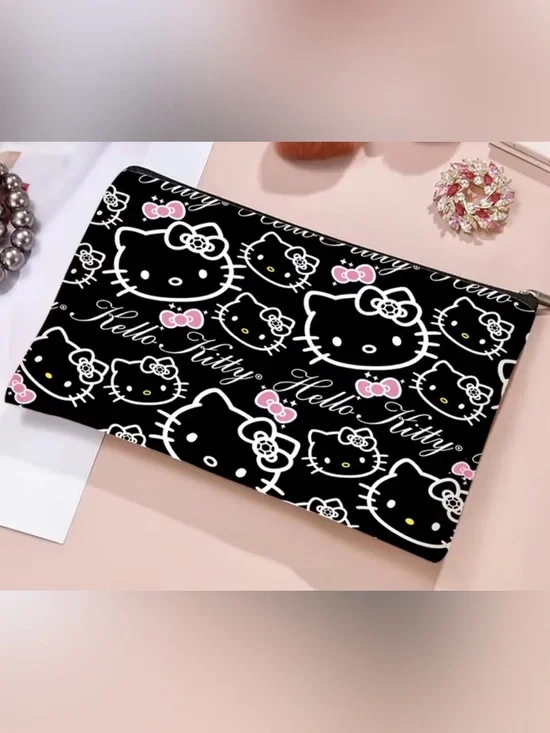 NWT-Hello Kitty 8.65”x6” Double-Sided Artwork Black Cosmetic Make-Up Bag