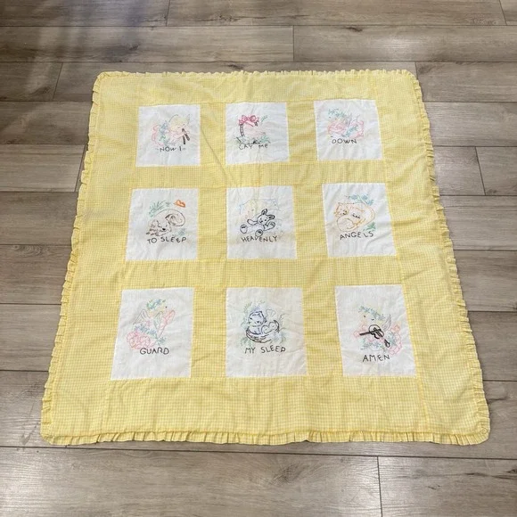 Handmade Lords Prayer Baby Blanket Embroidered Angel Nursery Yellow 48x42