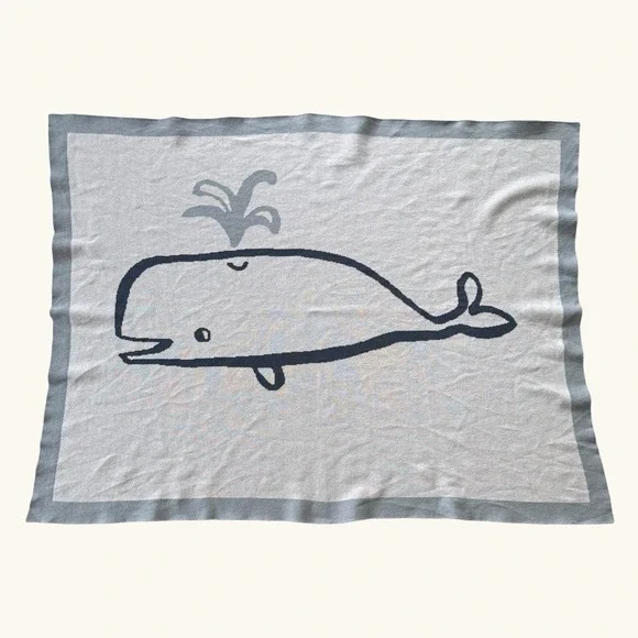 Nordstrom Whale Baby Blanket Blue‎ Gray Cotton Knit Nautical One Size 37.5x28.5