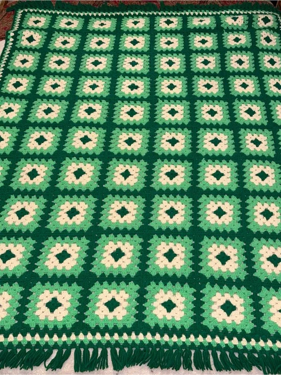 Handmade vintage Granny Square Crochet Blanket in Green and Cream