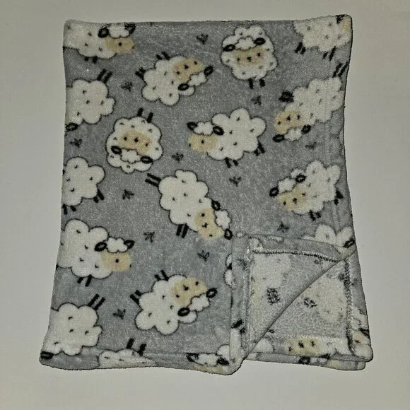 Parent's Choice Gray Fleece Baby Blanket White Sheep 30x36 READ