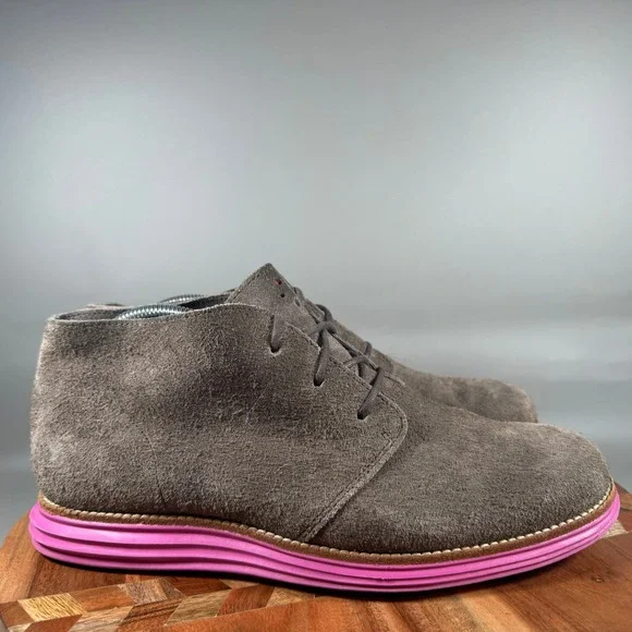 Cole Haan Lunargrand Chukka Mens 9 Gray Suede Pink Lunarlon Sole Boots C11186