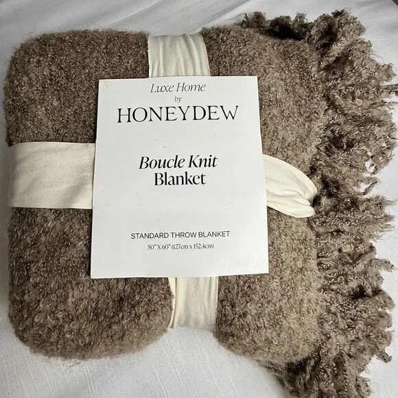 Luxe Home By Honeydew Boucle Knit Standard Throw Fringe Blanket Taupe 50”x60 New