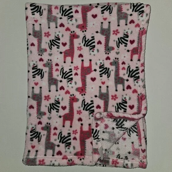 Baby Gear Pink Zebra Fleece Blanket Girl Lovey 30x40 Hearts Gray Black White