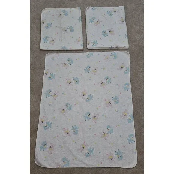 3 VTG Receiving Blankets Lot Blue Sheep Lambs Pink Bunny Rabbits Polka Dot