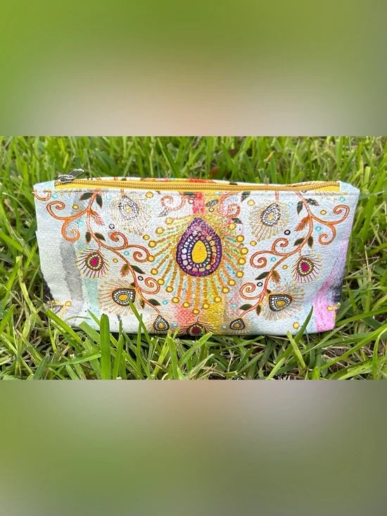 Papaya Art White Cosmetic Bag with Colorful Peacock Motif