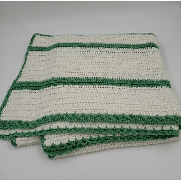 Handmade Crochet Blanket White Green Throw 65x35 Lapghan Knit Gift Cozy Baby