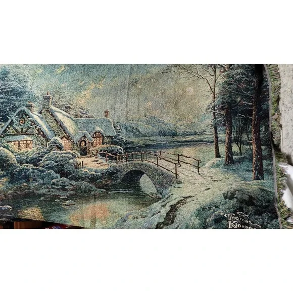 Thomas Kinkade Winter Cottage Tapestry Throw Blanket Snowy Village‎