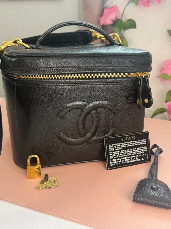 Chanel Black Caviar Vanity Case Shoulder Bag with Gold Hardware Lock/Key