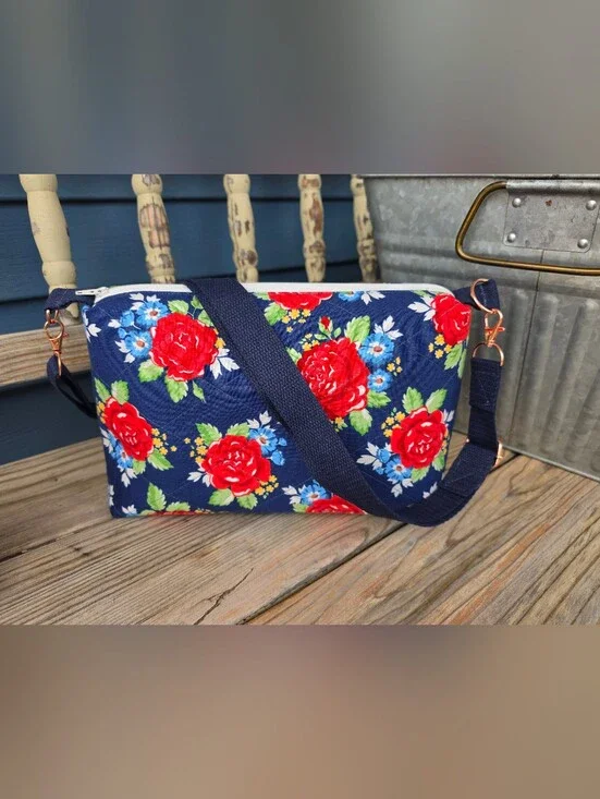 Handmade Navy Floral Quilted Crossbody Cosmetic Bag with Red Rose Print
