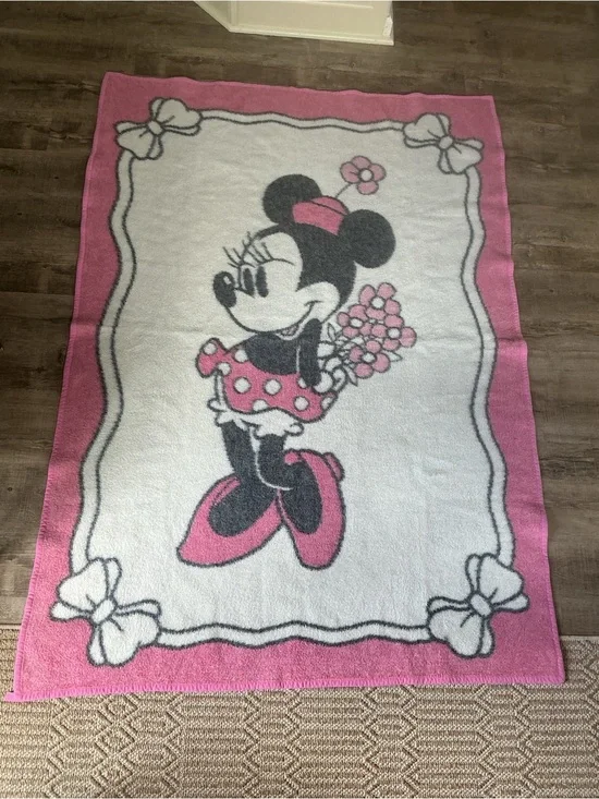 Vintage Biederlack Blanket Disney Minnie Mouse Pink Fleece Throw Reversible Lrg