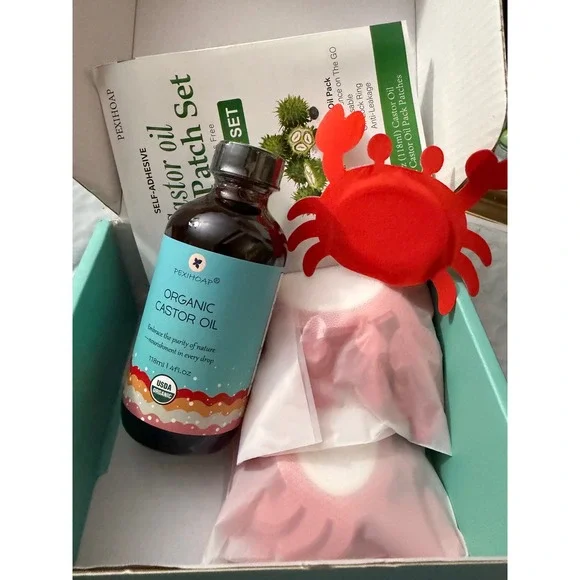 PEXIHOAP Organic Castor Oil Patch Set 4oz USDA Organic Oil 30 Crab Shape Patches