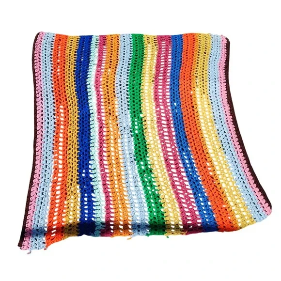 Vintage Crochet Throw Blanket Multicolor Stripe Afghan CottageCore‎ Retro 24x36