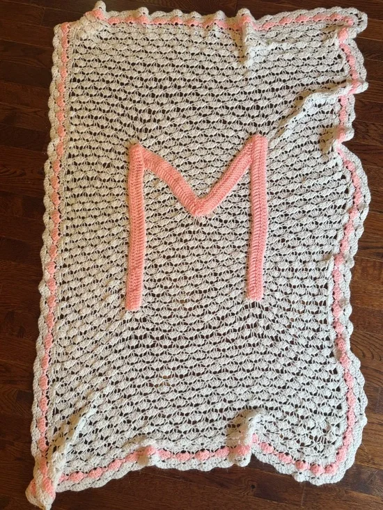 Vintage Handmade Crochet M Monogram Baby Blanket White Pink Nursery Shower Crib