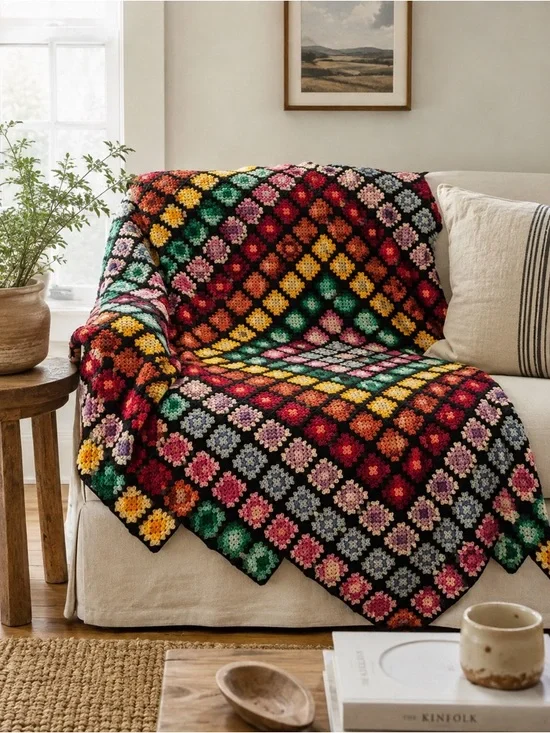 Vintage Hand Crocheted Granny Square Afghan 60x70 Jewel Tone Wool Blanket