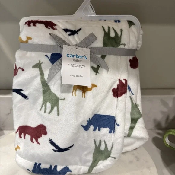 Carter's NWT Baby Blanket Safari Multi Color Zoo Animals White Plush‎ Cozy 2021